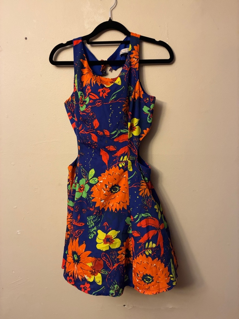 Parisian Works Royal Blue Mini Dress with Orange Floral Print
